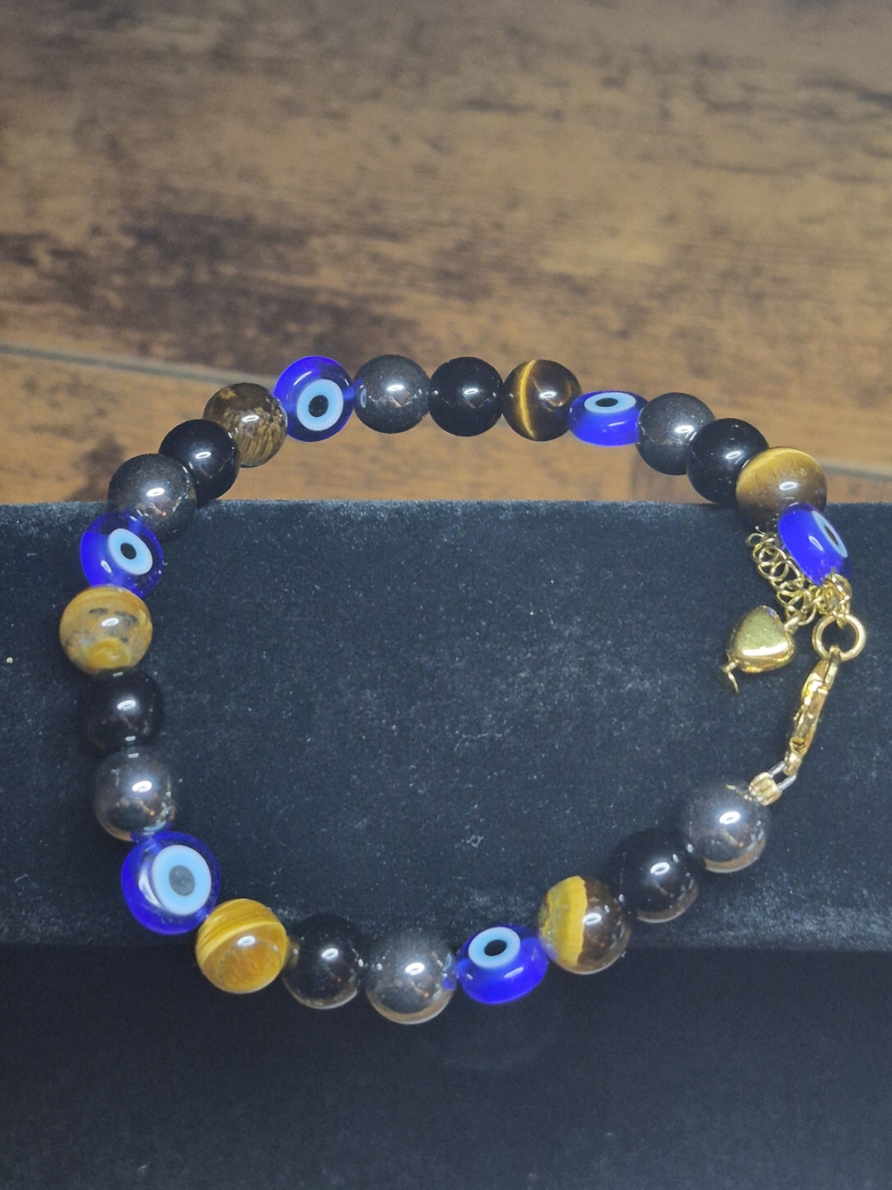 Gold Charm Evil Eye Beaded Bracelet With Tigers Eye, Black Tourmaline, Hematite
